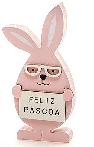 Coelho de Óculos em madeira Rosa com Placa de Feliz Páscoa - Cromus (Churros)