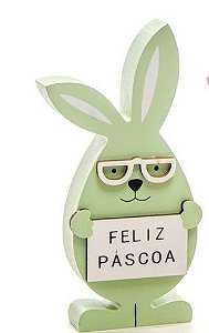 Coelho de Óculos em madeira Verde com Placa de Feliz Páscoa - Cromus (Churros)