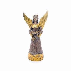 Anjo de Resina Com Livro Cor Ouro - Coleção Xmas Spirit - Ref 1470558 Cromus Natal