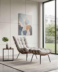 Poltrona Costela + Puff - Tecido Linho Rústico Cru Bege