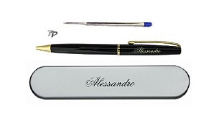 Caneta Metal PRETA COM DETALHES DOURADOS e Estojo Personalizados e refil extra