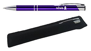Caneta Metal Alumínio Personalizada Corpo Roxo + VELUDO - Lote 50 peças