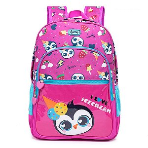 Mochila Feminina Infantil Resistente Costas Estampa Alto Relevo Original Spector Pinguim Rosa