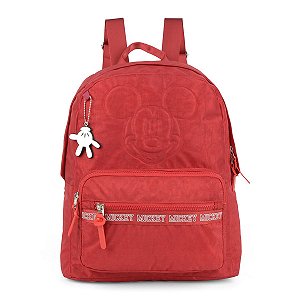 Mochila Feminina Costas Nylon Original com Chaveiro Luva Mickey Mouse Disney Vermelha