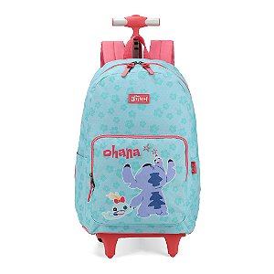 Mochila Escolar Básica Rodinhas Disney Stitch Turquesa