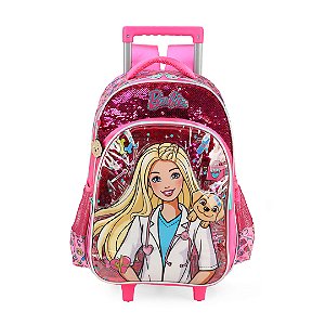 Mochila Barbie Paetês Feminina Escolar Rodinhas Pink