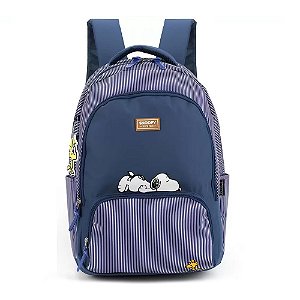 Mochila Escolar Notebook Chaveiro Snoopy Listras Azul