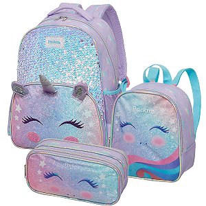 Kit Mochila Escolar Lancheira Estojo Infantil Packme Unicórnio 3d