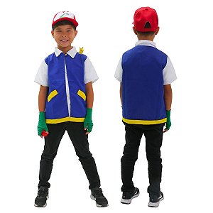 Fantasia Ash POKÉMON | COLETE + LUVAS + BONÉ | brinde POKEBOLA | TACTEL