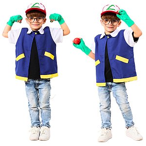 Fantasia Ash POKÉMON | COLETE + LUVAS + BONÉ + CAMISETA PRETA | brinde POKEBOLA | TACTEL