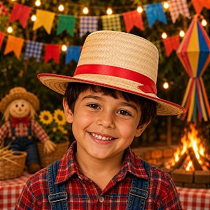 Chapéu Palha Infantil com Detalhe VERMELHO - FESTA JUNINA