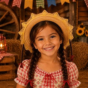 Chapéu Palha Infantil c/ Renda AMARELA e Trancinha - FESTA JUNINA