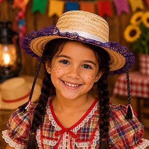 Chapéu Palha Infantil c/ Renda ROXA e Trancinha - FESTA JUNINA