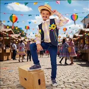 Colete Festa Junina JEANS Infantil + BROCHE GIRASSOL