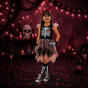 Fantasia Infantil Vestido de Esqueleto ROSA | brinde TIARA