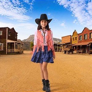 Colete Cowgirl ROSA Franjas + Adereço braço c/ franjas