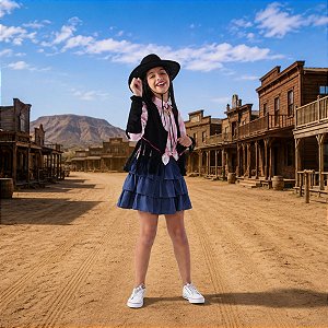 Colete Cowgirl PRETO Franjas + Adereço braço c/ franjas