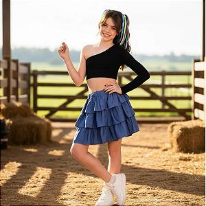 Saia Country Jeans Infantil Babados Festa Junina Cowgirl