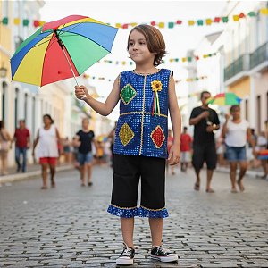 Roupa de Frevo AZUL Menino LUXO + Guarda Chuva