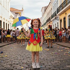 Roupa de Frevo Menina LUXO - Vestido + Saia + Guarda Chuva