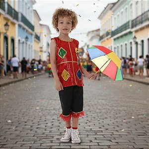 Roupa Frevo VERMELHO Menino LUXO + Guarda Chuva