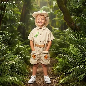 Fantasia Caçador de Dinossauros Paleontólogo | MACAQUINHO + CINTO + APLIQUES + CHAPÉU