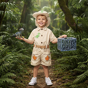 Fantasia Caçador de Dinossauros | MACAQUINHO + CINTO + APLIQUES + CHAPÉU | BRINDE dinossauro + jaula