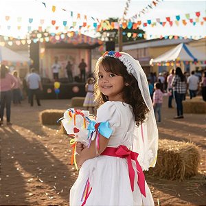 Vestido Noiva Infantil Festa Junina Com Fuxicos Caipira + BRINDE Tiara c/ VÉU