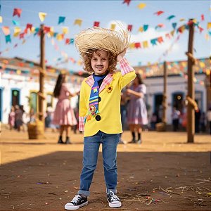 Paletó Noivo Festa Junina - Amarelo com Xadrez Laranja