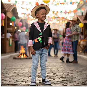 Paletó Noivo Festa Junina - Preto com Xadrez Laranja