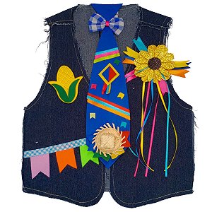 Colete Festa Junina JEANS Infantil + BROCHE + GRAVATA AZUL ROYAL