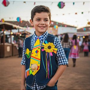 Colete Festa Junina JEANS Infantil + BROCHE + GRAVATA AMARELA