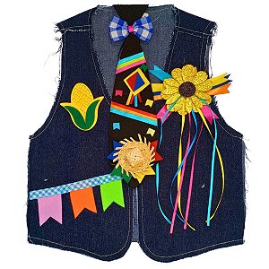 Colete Festa Junina JEANS Infantil + BROCHE + GRAVATA PRETA