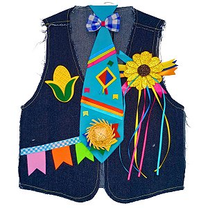 Colete Festa Junina JEANS Infantil + BROCHE + GRAVATA TURQUESA