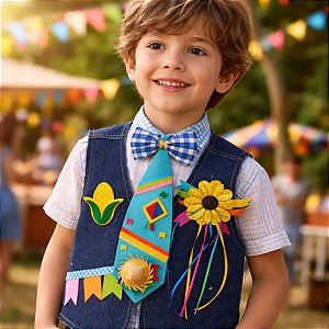 Colete Festa Junina JEANS Infantil + BROCHE + GRAVATA TURQUESA