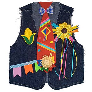 Colete Festa Junina JEANS Infantil + BROCHE + GRAVATA VERMELHA