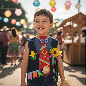 Colete Festa Junina JEANS Infantil + BROCHE + GRAVATA VERMELHA