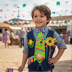 Colete Festa Junina JEANS Infantil + BROCHE + GRAVATA VERDE