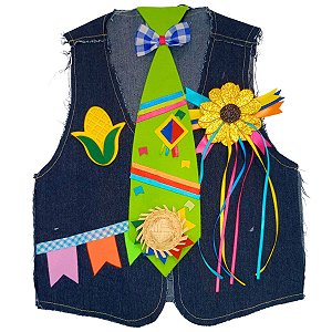Colete Festa Junina JEANS Infantil + BROCHE + GRAVATA VERDE