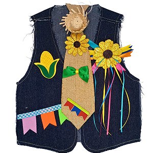 Colete Festa Junina JEANS Infantil + BROCHE + GRAVATA JUTA