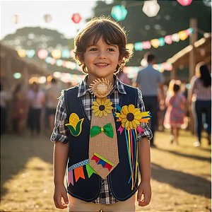 Colete Festa Junina JEANS Infantil + BROCHE + GRAVATA JUTA
