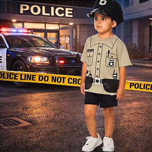 Fantasia Policial | ALGODÃO | CAMISETA + SHORTS + BOINA