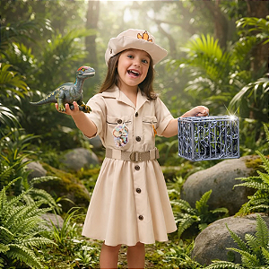 Fantasia Caçador de Dinossauros Paleontólogo | VESTIDO + CINTO + APLIQUES + CHAPÉU | BRINDE DINOSSAURO