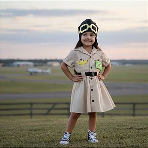 Fantasia Infantil Aviador Piloto Avião | VESTIDO + CINTO + APLIQUES + CHAPÉU