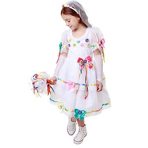 Vestido Noivinha Festa Junina com Flores + TIARA + LUVAS