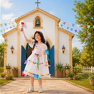 Vestido Noiva Infantil Festa Junina Caipira com Luvas| Brinde Tiara com Véu