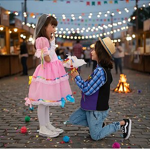 Vestido Noiva Rosa Infantil Festa Junina Caipira com Luvas| Brinde Tiara com Véu