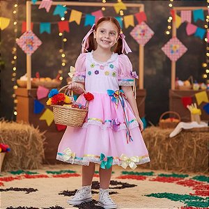 Vestido Infantil Quadrilha Festa Junina Caipira FLORES ROSA