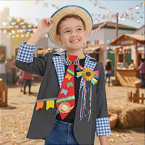 Paletó Noivinho Caipira Infantil Jeans + BROCHE + CHAPÉU