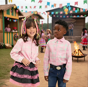 Camisa Festa Junina Xadrez ROSA Quadrilha - COUNTRY